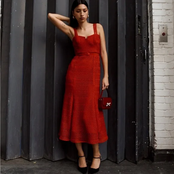 Self Portrait Lattice Lace Belted Midi Dress Size 4 NWT Cherry Red